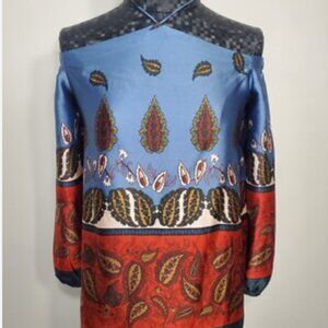 LOFT Boho peasant blue 3/4 sleeve off shoulder feather paisley blouse neck tie M